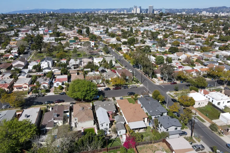 Aerial view of low-rise neighborhood in Los Angeles, California.